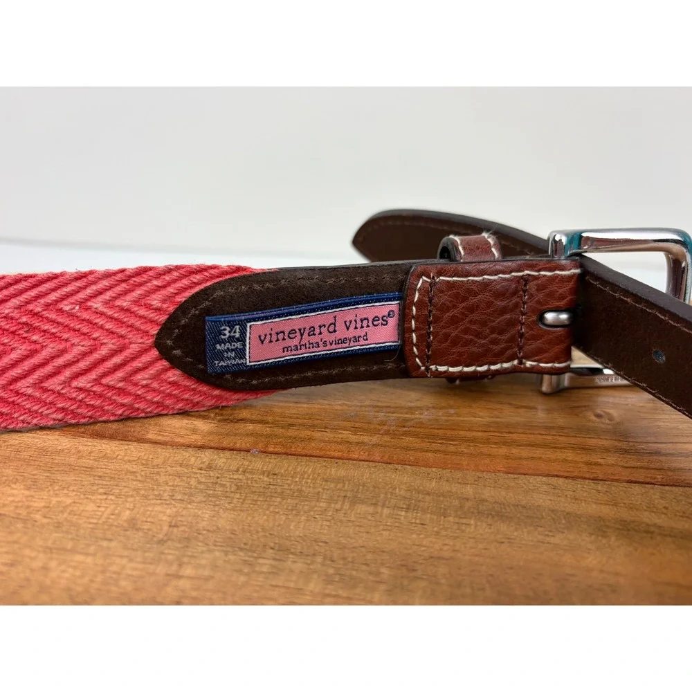 Vineyard Vines Belt 34 Brown Jetty Red Pebbled Leather Chevron Webbing Preppy‎